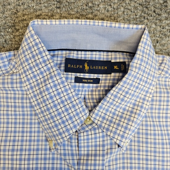 Polo Ralph Lauren Mens XL Non Iron Gingham Check Button Down Shirt Blue White - Picture 3 of 7